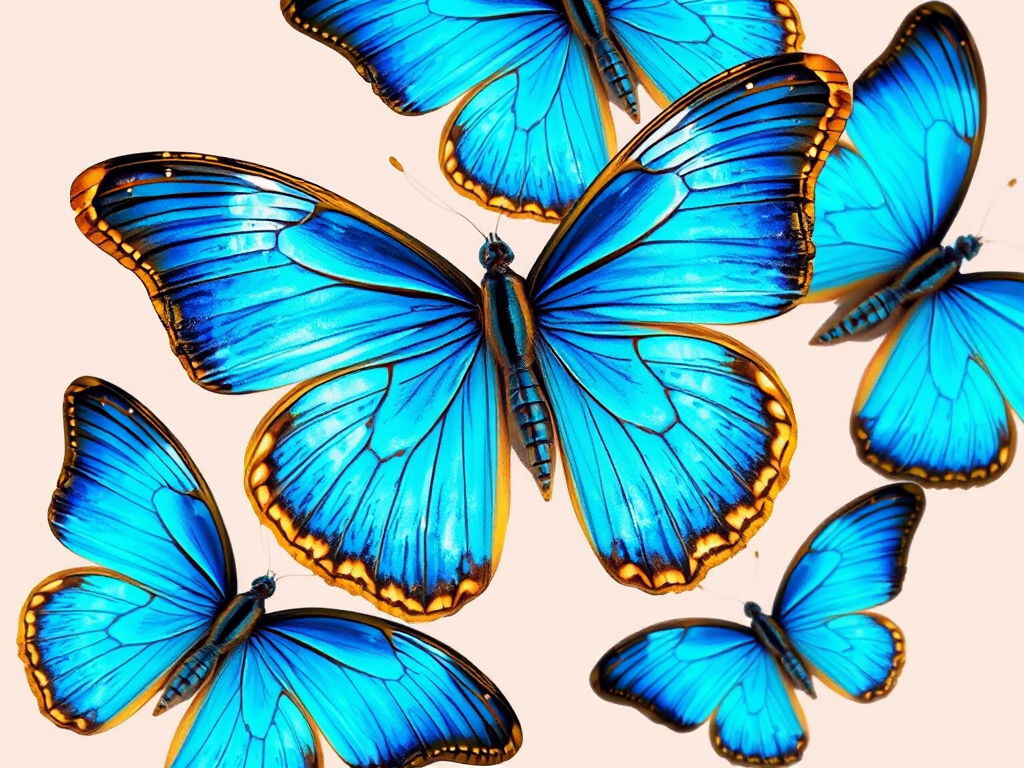 Generate an image of a butterfly with vibrant blue wings. The butterfly should have intricate patterns and a slightly iridescent quality. Include a few additional butterflies with varying shades of blue and hints of orange around the edges, arranged in a natural pose. The background should be simple and unobtrusive to emphasize the butterflies.