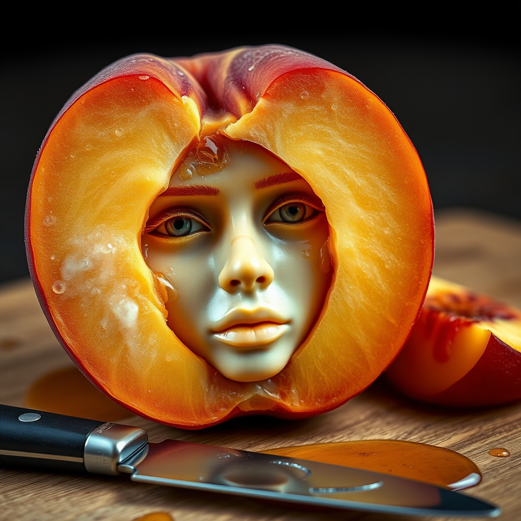 A hyperdetailed photorealistic macro color saturated high resolution image of a peach cut in half, with the peach pit being a highly detailed sculpted woman's face with her eyes open and peach-colored irises. The face has a marble texture. The image includes condensation, moisture, and peach juice. The peach is on a wooden cutting board with a small fruit knife nearby, also covered with juice.