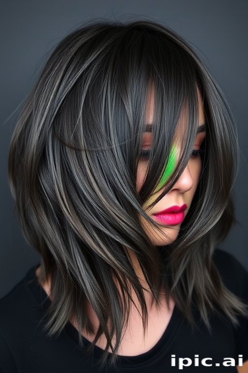 Vibrant rainbow underlights peeking through a dark charcoal gray shag cut, creating a playful yet edgy aesthetic called Prism Shadow