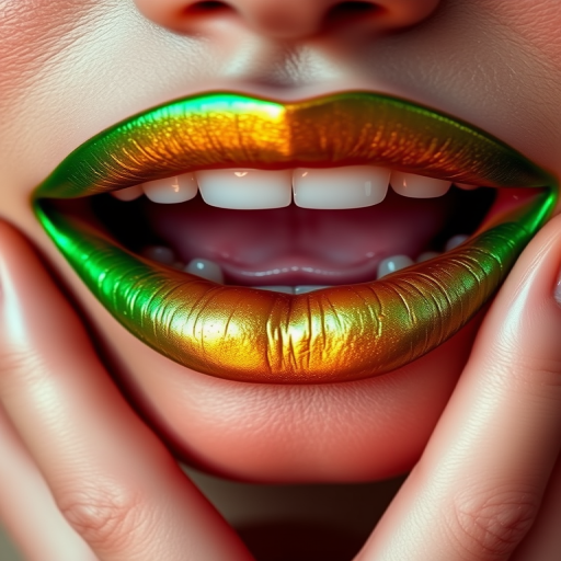 Multichrome green-gold-pink lips shift colors magically in the "Enchanted Forest" style, showcasing a unique tri-chrome effect that transforms from a deep emerald green to a warm gold and finally to a soft pink depending on the light and angle, creating a captivating and ever-changing lip look that's ideal for fantasy-themed makeup or high-fashion editorials