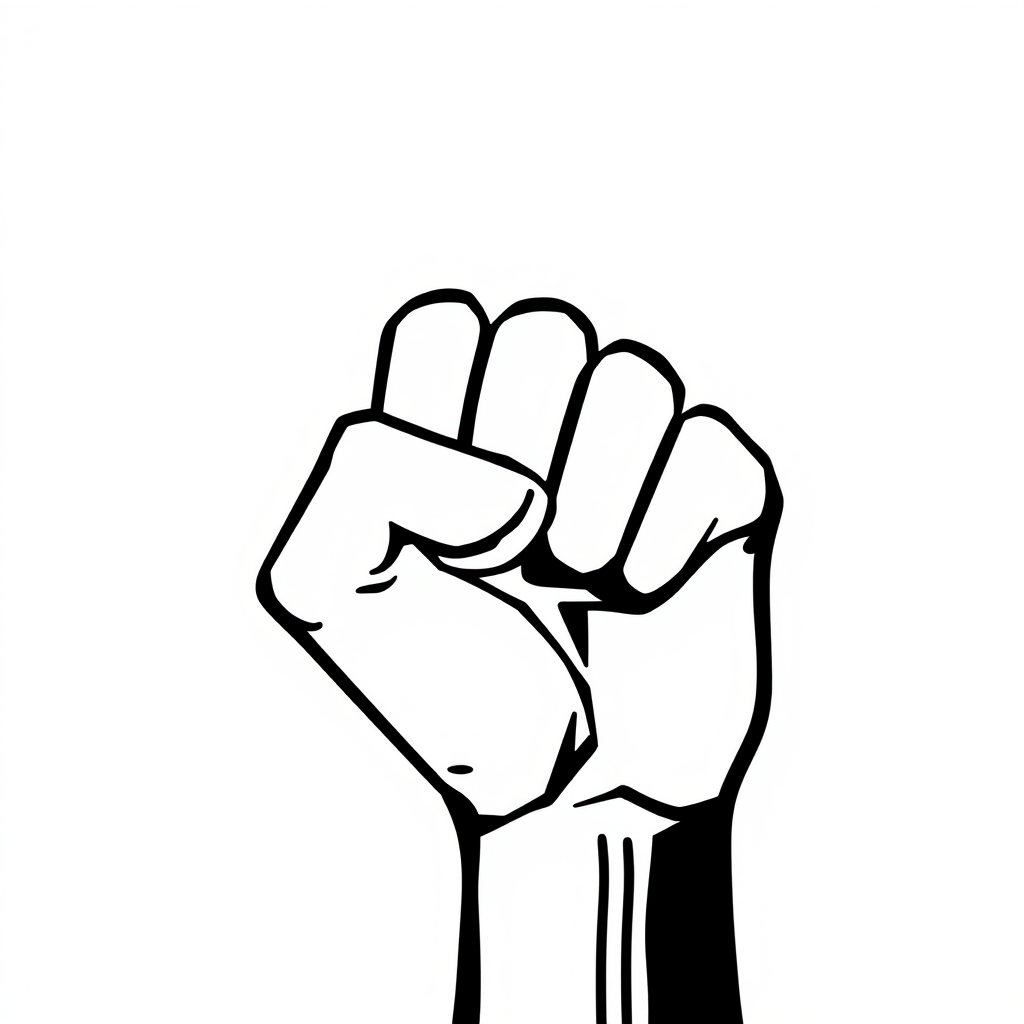 create a high-contrast black fist symbol against a white background, using a DSLR camera with 50mm lens at f/2.8, ISO 100, 1/200 sec, shot from a slightly elevated angle to enhance depth and detail