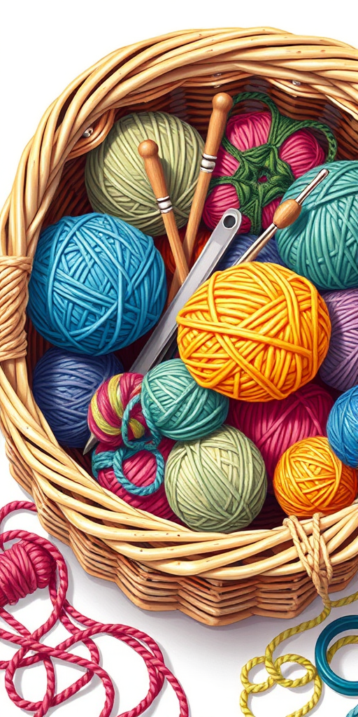 A detailed illustration of a wicker basket overflowing with colorful yarn balls, knitting needles, scissors, and a crochet hook, captured in high resolution with a DSLR camera, f/2.8 aperture, 50mm lens, natural lighting, top-down view, and vibrant colors for enhanced quality.