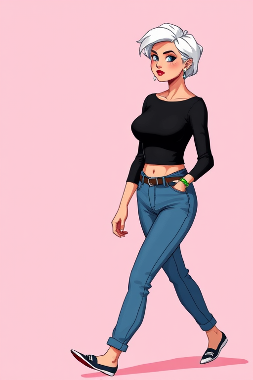 Create a high-resolution digital illustration of a confident woman walking, with short white hair, wearing a fitted black top and high-waisted blue jeans, set against a soft pink background, using a 50mm lens, f/2.8 aperture, ISO 100, with a focus on vibrant colors and smooth lines, capturing the character's movement and style in a portrait orientation.