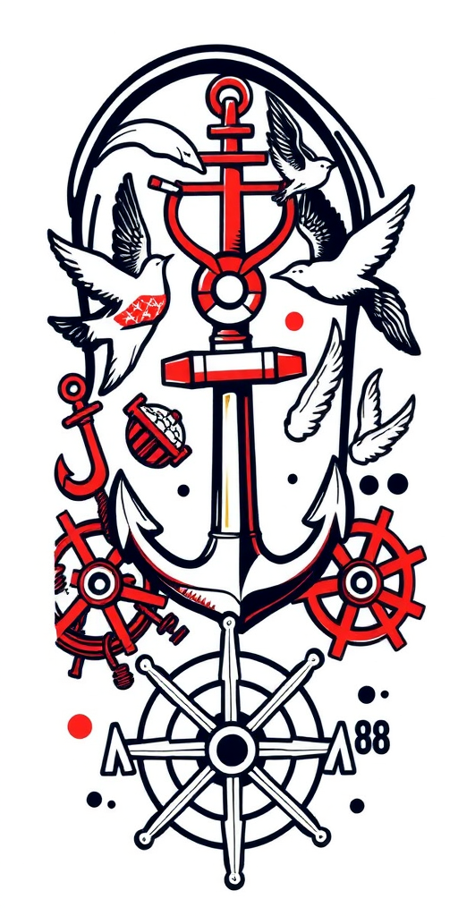 Vintage sailor Jerry-inspired half sleeve featuring classic nautical elements like anchors, swallows, and ship wheels in bold primary colors with heavy black outlines