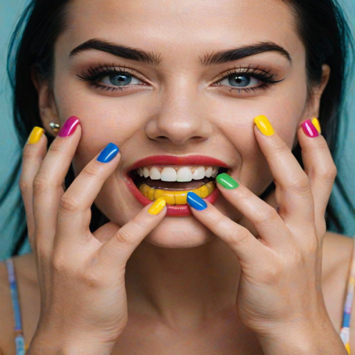 detailed edges, detailed image, perfection style, A cinematic detailed image of a laughing woman with colorful nails covering her eyes with both her hands, movie themed, sharp, detailed background, epic cinematic photography, artistic style, dramatic light style, cinematic color style, Kodak 35mm film style, detailed style, hand focus style, 1girl, solo, open mouth, simple background, white background, teeth, nail polish, lips, lipstick, blue nails, realistic, yellow nails, makeup, parody, black hair, portrait