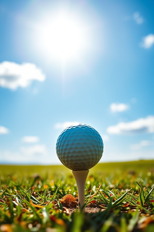 High-resolution image of a golf ball on a tee under a bright blue sky with the sun shining, using a DSLR camera with a 50mm lens, aperture set to f/2.8, ISO 100, shutter speed 1/4000s, shot from a low angle to emphasize the ball against the sun's rays and scattered clouds.