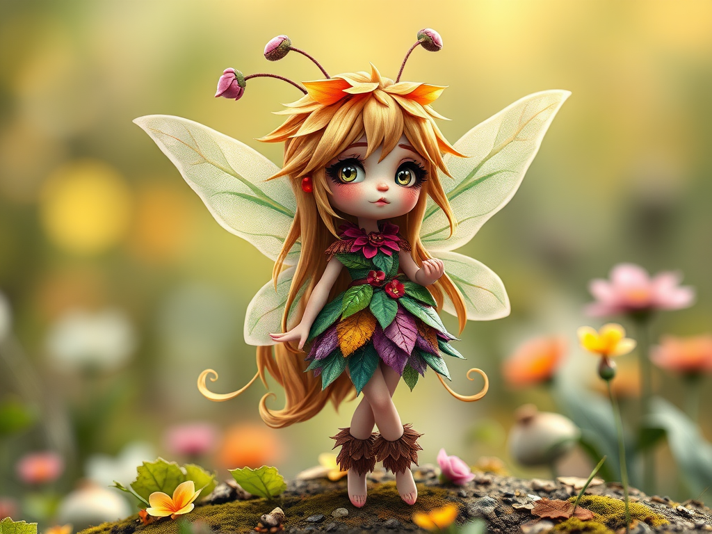 Create a highly detailed and colorful illustration of a whimsical character resembling a fairy with long hair and antennae, dressed in a vibrant outfit made of leaves and flowers, standing in a playful pose, captured with a DSLR camera at f/1.8 aperture, ISO 100, 50mm lens, natural soft lighting for enhanced texture and depth.