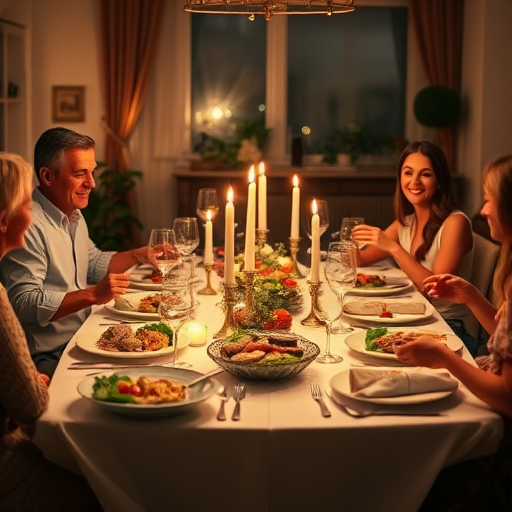 Beautifully arranged table for a family dinner, with candles flickering, delicious dishes served, and laughter filling the room, evoking a sense of togetherness.