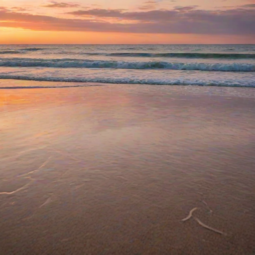 Soft-focus image of a tranquil beach at sunset, with soft waves gently lapping at the shore, and colorful skies reflected on the wet sand.