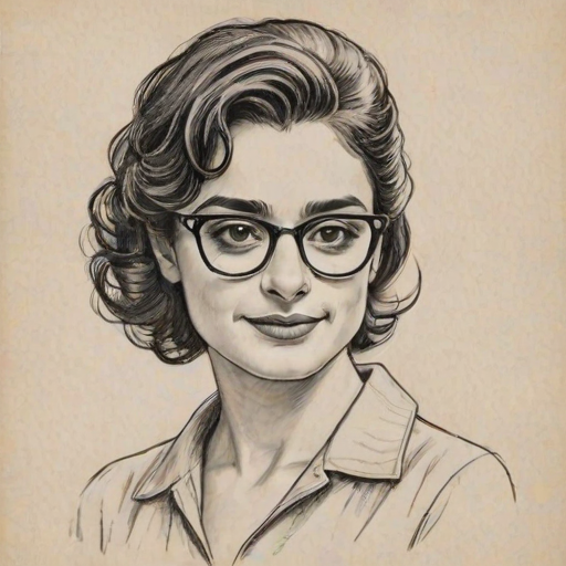 Appealing Jenny Slate, pencil sketch, portrait of Alluring woman 1957s in glasses, hair style beatnik, outline, clear lines, fine lines, 8k