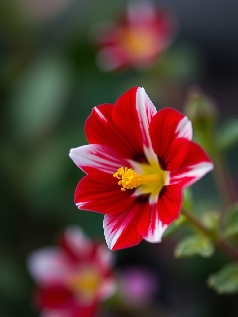 A close-up of a vibrant red and white flower with a yellow center, shot at f/2.8 aperture, ISO 100, 50mm lens, natural lighting, shallow depth of field, and soft focus background for enhanced bokeh effect.
