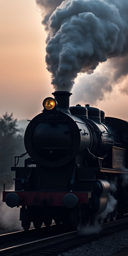 Create a high-resolution silhouette of a steam locomotive with puffing smoke, using a DSLR camera with a 50mm lens, f/1.8 aperture, ISO 100, in portrait orientation, and a soft focus background to enhance image clarity.