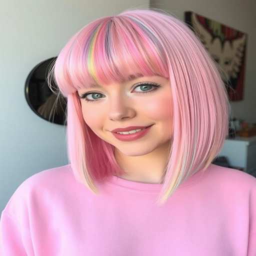 Whimsical pastel pink bob with blunt bangs, incorporating playful rainbow-colored streaks throughout, embodying a fun and youthful aesthetic