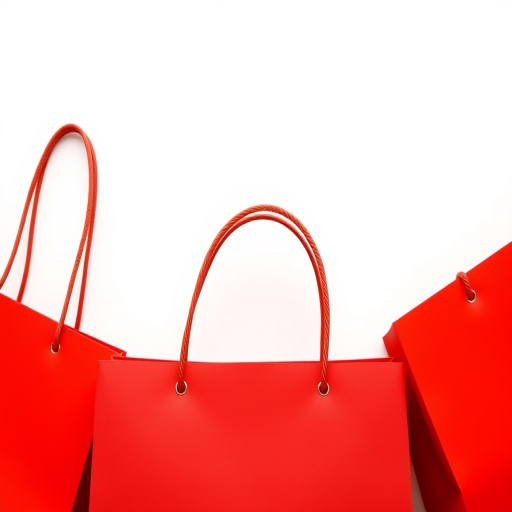 red shopping bag with brown handles on a white background, captured with a 50mm lens at f/2.8, ISO 100, in natural light, using a DSLR camera for sharp details and vibrant colors.