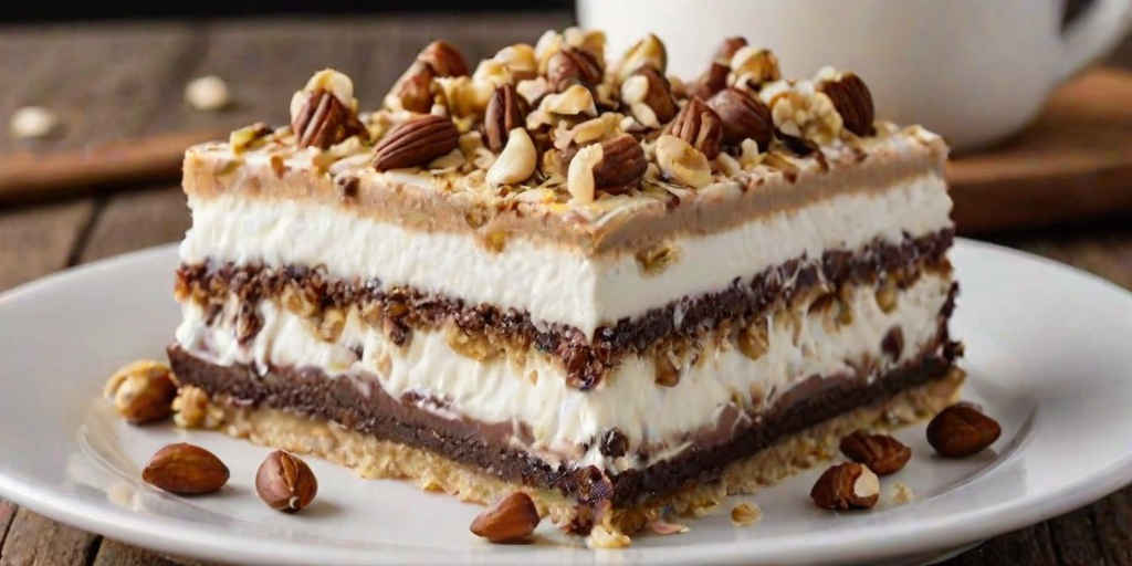 Generate an image of a slice of layered dessert on a white plate. The dessert has a creamy top layer, a chocolatey bottom layer, and is garnished with whipped cream and crushed nuts. The background features a rustic wooden table.
