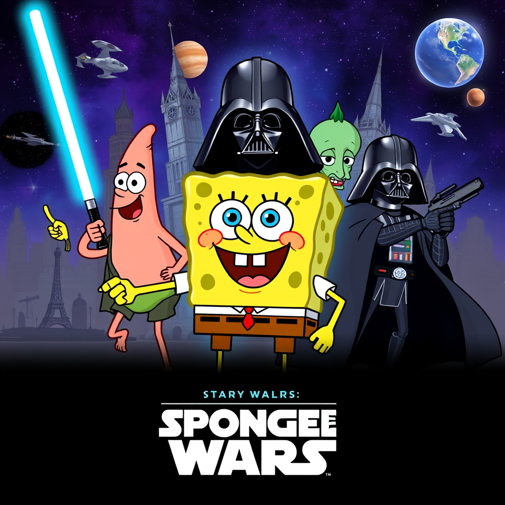 Create a parody of the Star Wars poster with SpongeBob as Luke Skywalker, holding a glowing spatula like a lightsaber. Patrick Star takes the role of Han Solo, holding a blaster, while Squidward is Obi-Wan Kenobi, draped in robes. In the background, Plankton appears as Darth Vader, with Bikini Bottom’s landmarks reimagined as spaceships and planets. The iconic Star Wars logo is swapped for "Sponge Wars," creating a playful, sci-fi adventure scene.