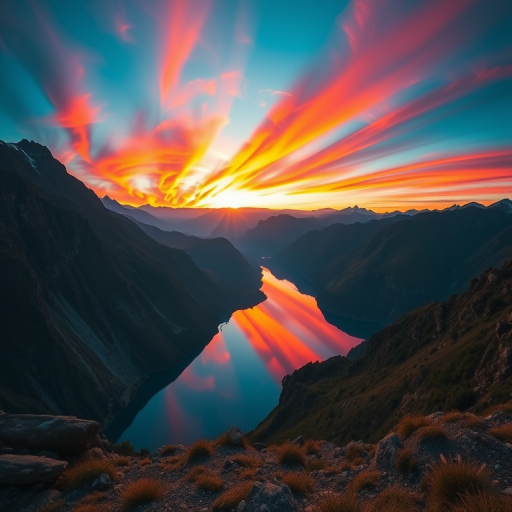 Generate a vibrant, colorful landscape featuring a radiant sunset over mountains with a reflection in the water, using a DSLR camera with a 24mm lens, f/8 aperture, ISO 100, with a panoramic view and HDR settings for enhanced detail and contrast.