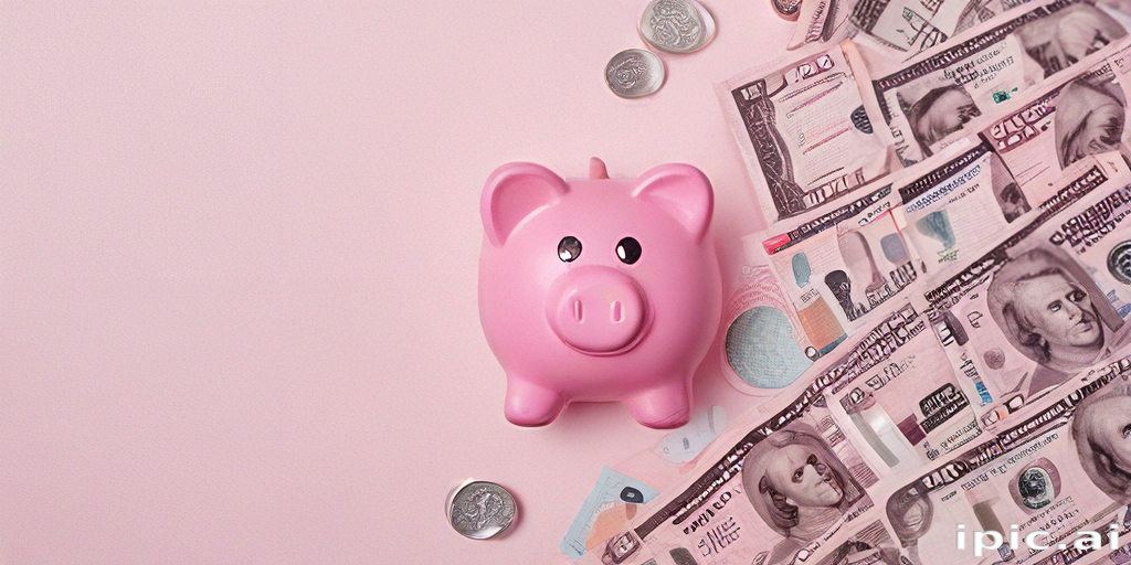 Colorful Piggy Bank Surrounded by Coins and Dollar Bills on Pink Background