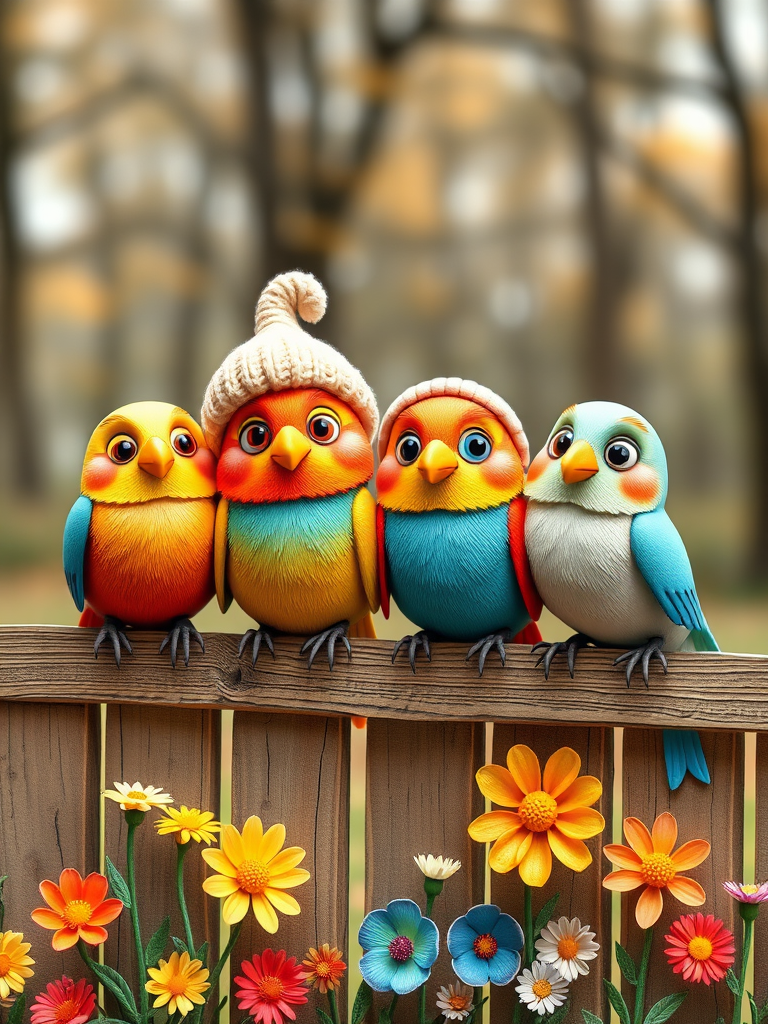 create a scene of 4 quirky  whimsical colourful comical birds each with a funny expression. they are sat on a wooden fence with colourful flowers. they are all different sizes. each one is a different colour  one is wearing a woolly hat. Each one has a different quirky google expression and there is a muted background of trees watercolour paintierly style high definition 8k resolution 3D paper mache
