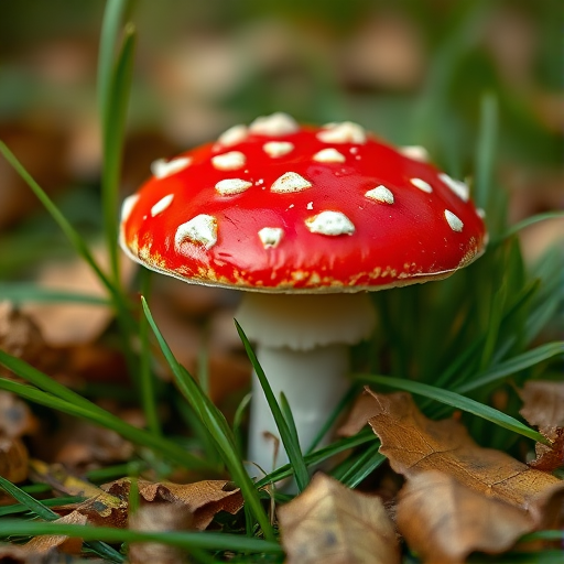 A vibrant red toadstool mushroom with white spots surrounded by green grass and fallen leaves, captured in soft focus with a shallow depth of field, using a DSLR camera, 50mm lens, aperture f/2.8, ISO 200, under natural lighting, aiming for a close-up macro shot.