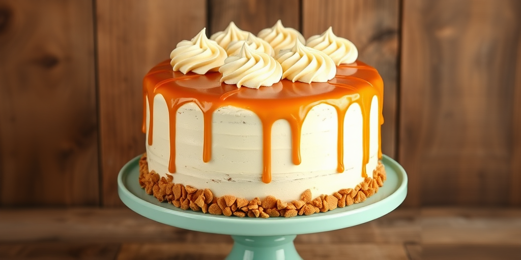 Create an image of a round cake with a smooth caramel topping and swirls of buttercream frosting on top. The sides of the cake should be covered in caramel chips and drizzled with caramel sauce. Display the cake on a mint green cake stand against a rustic wooden background.