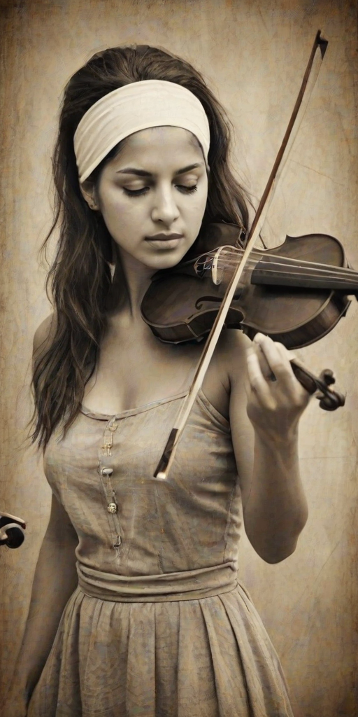 a young Mizrahi woman with a white headband playing a violin, in the style of a charcoal drawing, sepia grunge background