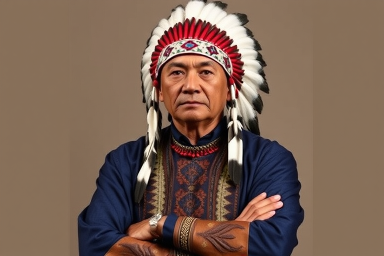 Create a dignified portrait of a Native American man dressed in traditional attire. He wears a beautifully crafted headdress adorned with white feathers and red beads, along with a beaded headband featuring intricate patterns. His clothing includes a deep blue, patterned shirt and a traditional chest piece with detailed beadwork. His arms are crossed, displaying leather armbands decorated with feathers. The background is simple and neutral, emphasizing his proud and stoic expression. The overall image captures the rich cultural heritage and strength of his persona.