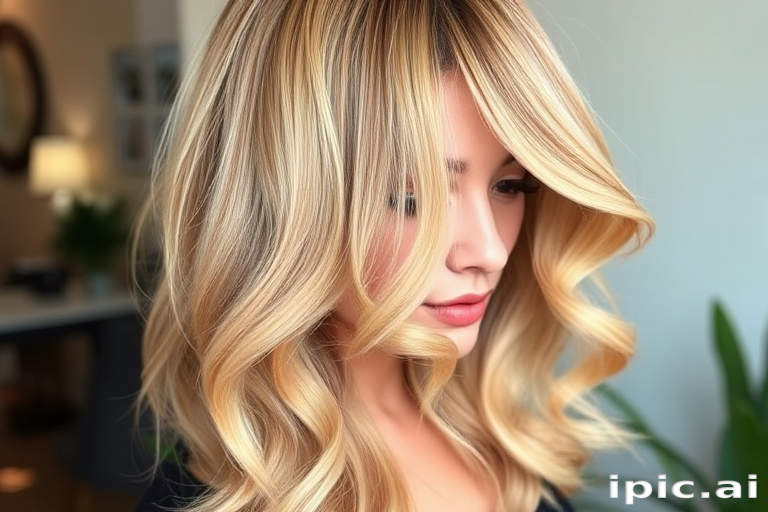 Lustrous honey blonde locks styled in a classic Hollywood wave, accentuated by a single streak of rose gold that adds a touch of modern glamour to the timeless look.