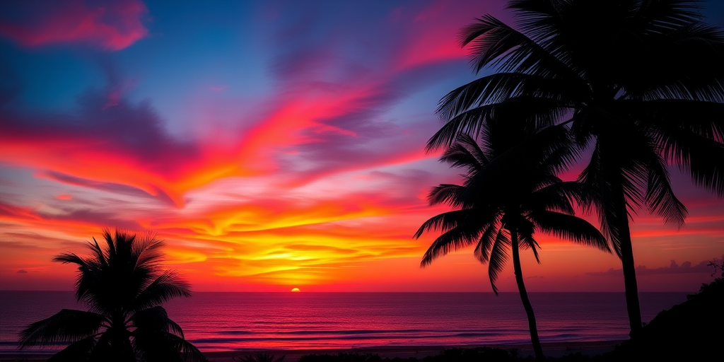 Create a vibrant sunset over a calm ocean with silhouettes of palm trees in the foreground, shot at f/8 aperture, 1/125 sec shutter speed, ISO 200, using a wide-angle lens on a DSLR camera.