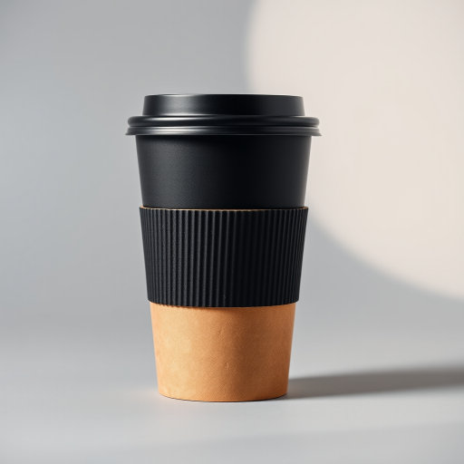 Create a high-resolution image of a coffee cup with a cardboard sleeve on a plain gray background, using a Canon EOS 5D Mark IV with a 50mm f/1.8 lens, aperture set to f/2.8, ISO 100, and a shallow depth of field for a soft background blur, angled slightly to the right to showcase the sleeve texture.
