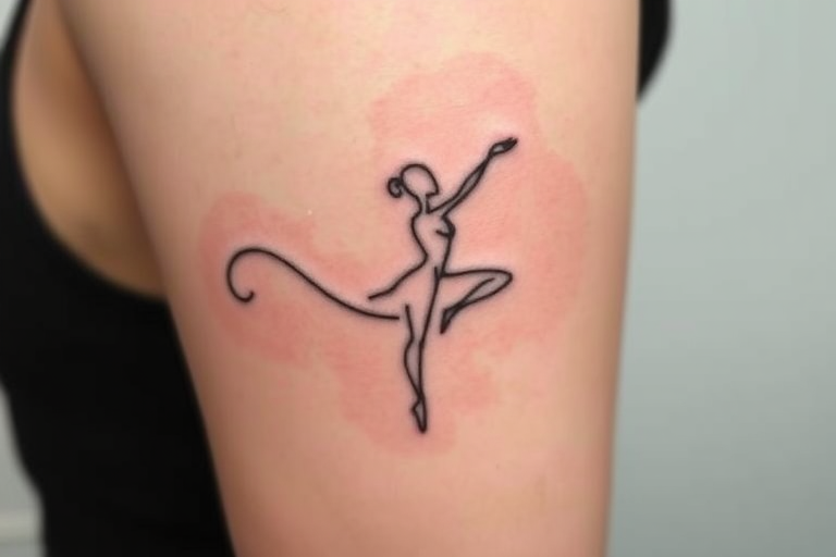 Minimalist single-line tattoo called "Fluid Motion" consisting of one continuous, unbroken line that gracefully curves and loops to form the silhouette of a dancer in motion, with the line varying slightly in thickness to create depth and movement, resulting in a deceptively simple yet elegant design that captures the essence of fluidity and grace