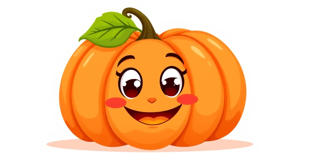 Create a cute cartoon pumpkin with a happy face large expressive eyes and a small smile add a green leaf and a curved stem on top use bright orange color for the pumpkin and keep the background simple and white