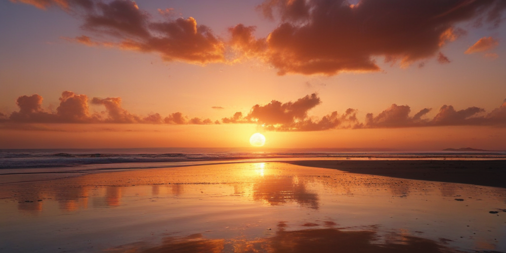 Breathtaking Sunset Over the Tranquil Beach with Reflections on Water