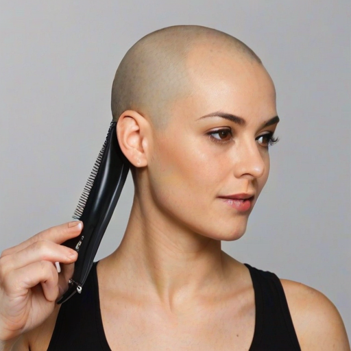 Dark hair, "Shaving her head with hair clippers", hair clippers in her hand shaving her hair, she is mostly bald, "side and top of her head is bald", shaving top of her head, beautiful woman in her 20s