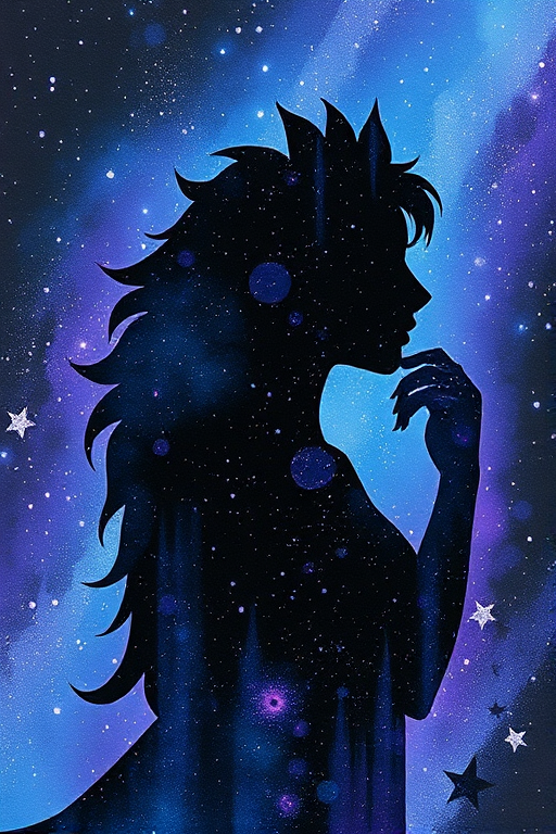 Captivating conceptual render alcohol ink art, double exposure, the paint strokes artfully merge combining a woman's full silhouette with a Adorable alpaca's silhouette. The figures are composed of a series of colored dots, lines & spots that evoke the image of a cosmic galaxy, colors are deep shades of blue purple & black with flashes of white & silver representing distant stars. The woman's silhouette is formed within the lion's silhouette from constellations of scattered stars, surreal