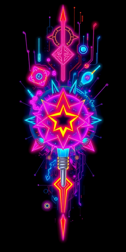 Neon-inspired tattoo titled "Electric Dreams" depicting luminous cyberpunk elements and futuristic symbols glowing against a dark background with pulsating colors and dynamic energy