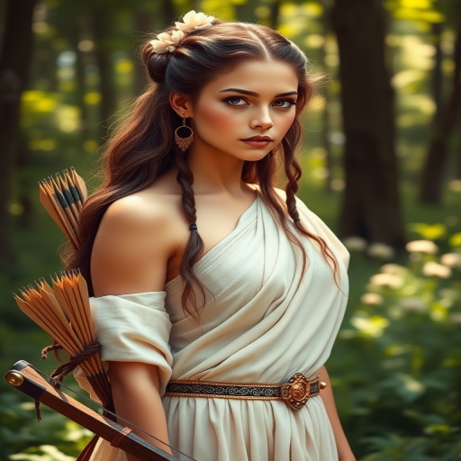 Create a portrait of a goddess-like Native American girl figure in a tranquil, forested environment. She has an elegant appearance with long, wavy hair styled in an updo and adorned with a delicate, floral headband. She wears a flowing, ancient Greek-inspired gown in a soft, pale color, featuring a one-shoulder design and draped fabric that accentuates her graceful form. The outfit includes a decorative belt with ornate gold detailing, and she holds a bow in her hand, with a quiver of arrows slung over her shoulder. The background depicts lush greenery, with sunlight filtering through the trees, casting a gentle, ethereal light on the scene. Her expression is calm and contemplative, embodying a sense of wisdom and serenity.