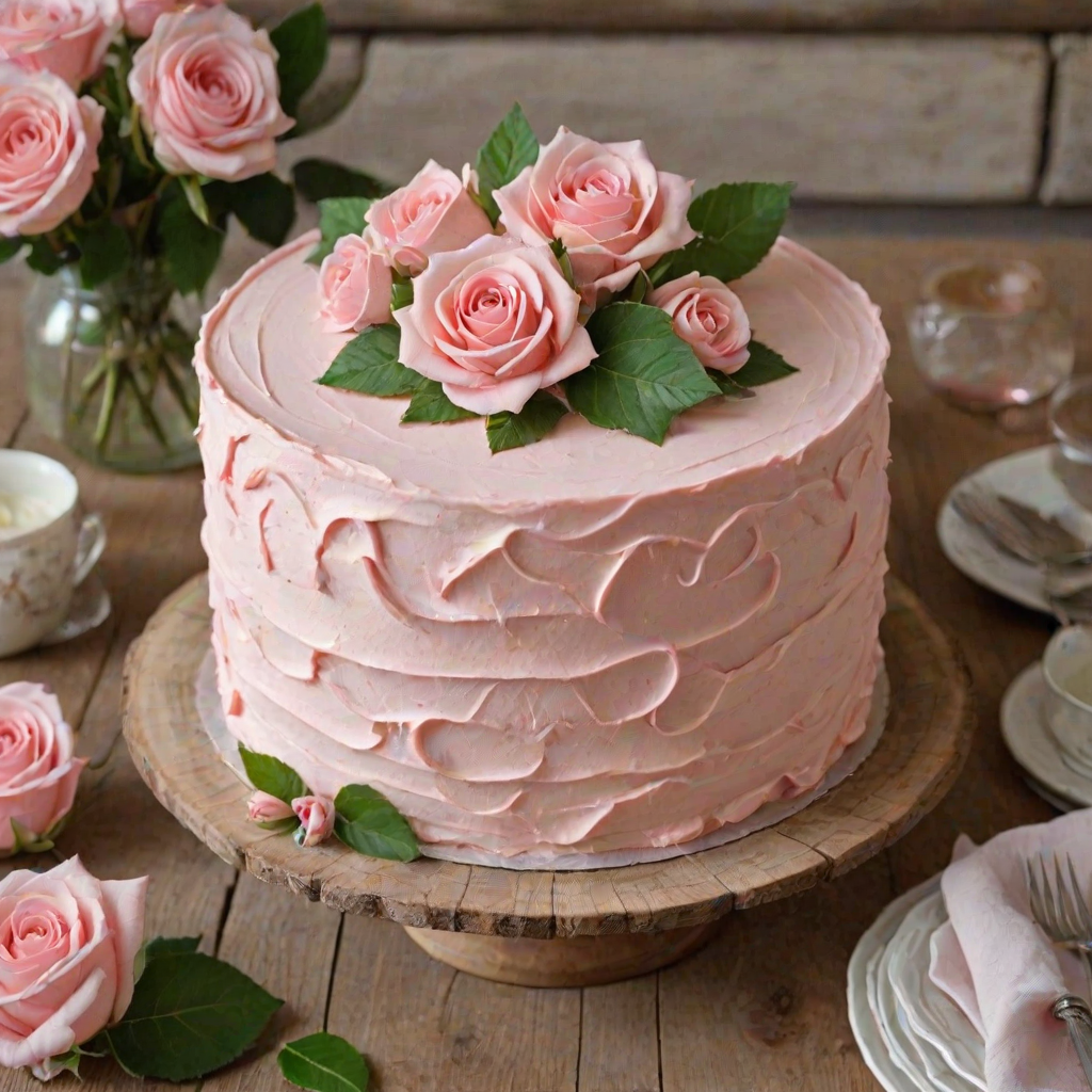 Create an image of a beautifully decorated cake featuring a soft pink frosting. The cake should have delicate rose-shaped decorations made from the frosting, along with a few green leaves for contrast. The setting should be rustic, with a wooden table or surface in the background. The overall look should be elegant and inviting.