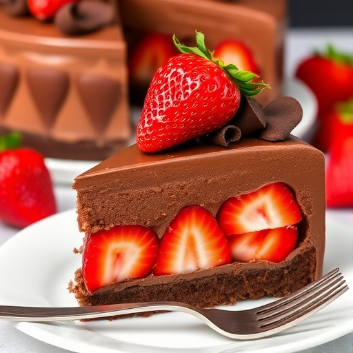 A delicious slice of chocolate mousse cake layered with fresh strawberries topped with chocolate curls and a whole strawberry on top served on a white plate with a fork beside it. The background features a whole cake and some additional strawberries.