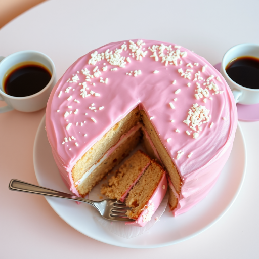 A beautifully decorated round pink cake with a smooth icing topped with white sprinkles and a slice removed, served on a pastel table setting with a cup of coffee and a plate that holds the slice of cake.