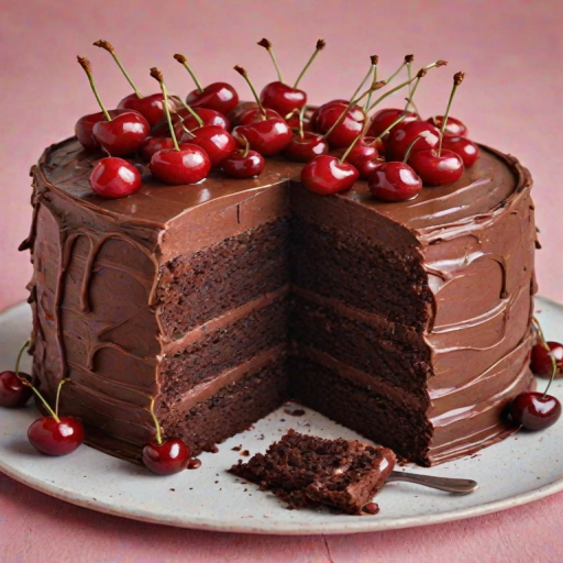 Create an image of a layered chocolate cake with cherries on top. The cake should have a rich chocolate frosting, with a slice cut out to reveal its layers. The background should be a soft pastel color, enhancing the cake's appeal.