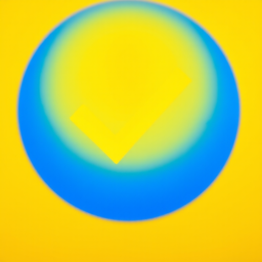 Create a vibrant blue circle with a bright yellow check mark in the center, using a DSLR camera with a 50mm lens, aperture f/1.8, ISO 100, camera view from the front, and soft focus style for enhanced image quality.
