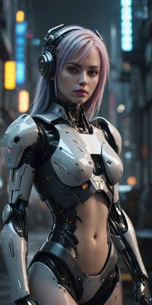 cgi render of a robot girl in a cyberpunk futuristic environement