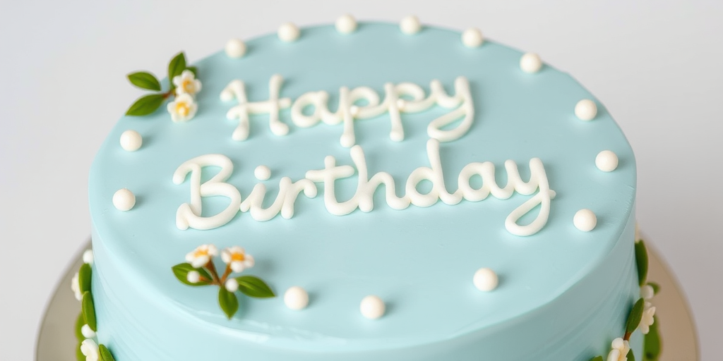 A round birthday cake with a smooth light blue frosting decorated with small white flowers and green leaves around the edge the words happy birthday written in white icing on top surrounded by small white pearls