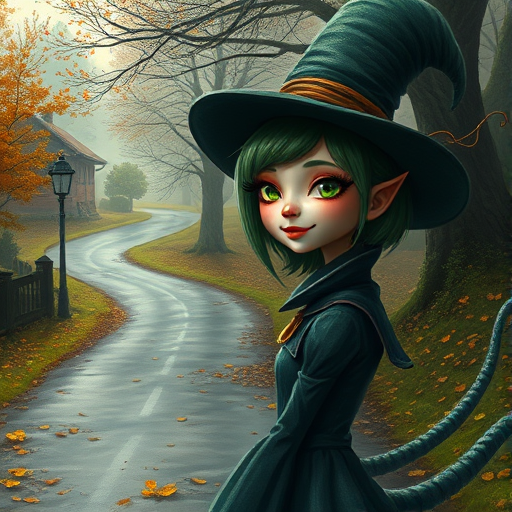 digital art fantasy depicting a strange girl with green hair, long eyelashes, orange lipstick and a tall hat walking along a winding road on an autumn afternoon, an Eel smiles as she passes