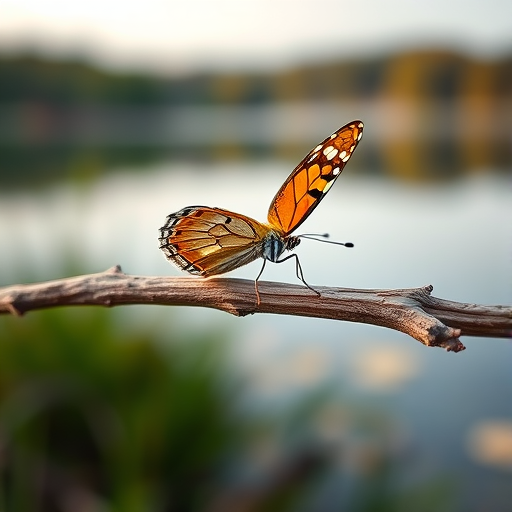 Capture a close-up shot of a butterfly perched on a weathered branch against a soft-focus lake background, using a Canon EOS 5D Mark IV, aperture f/4, shutter speed 1/200 sec, ISO 100, with a shallow depth of field and natural lighting to enhance colors and details.