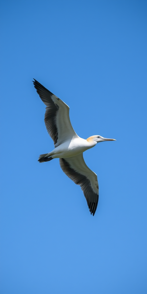a gannet bird soaring through a clear blue sky with outstretched wings