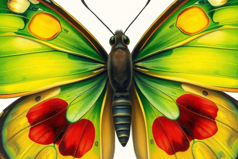 Create a detailed and colorful illustration of a butterfly with vibrant green wings featuring large yellow and red spots, using a DSLR camera with a 50mm lens, aperture f/2.8, ISO 100, captured from a close-up view to highlight the texture and colors.