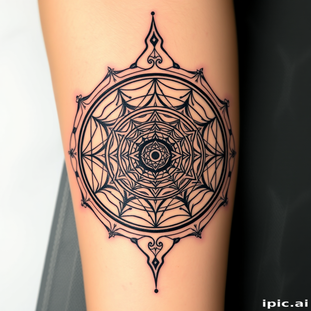 Fibonacci spiral tattoo incorporating sacred geometry elements, golden ratio proportions highlighted in metallic gold ink accents