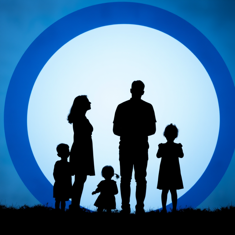 Create a silhouette of a family standing under a blue and white circular backdrop, with a soft focus, using a DSLR camera, f/2.8 aperture, ISO 100, 50mm lens, and natural light for enhanced quality.